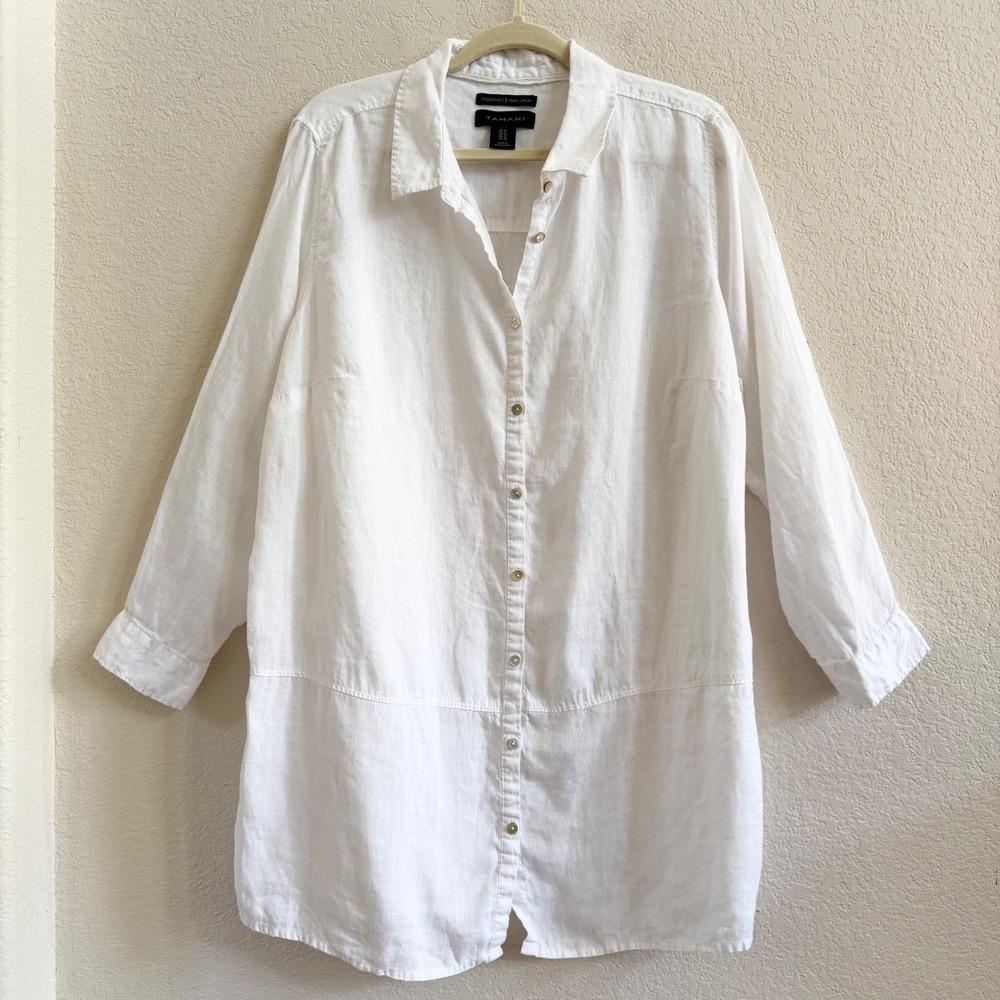 Tahari 100% Linen Roll Tab Button Down Tunic Long Line Button Down Shirt Sz XL